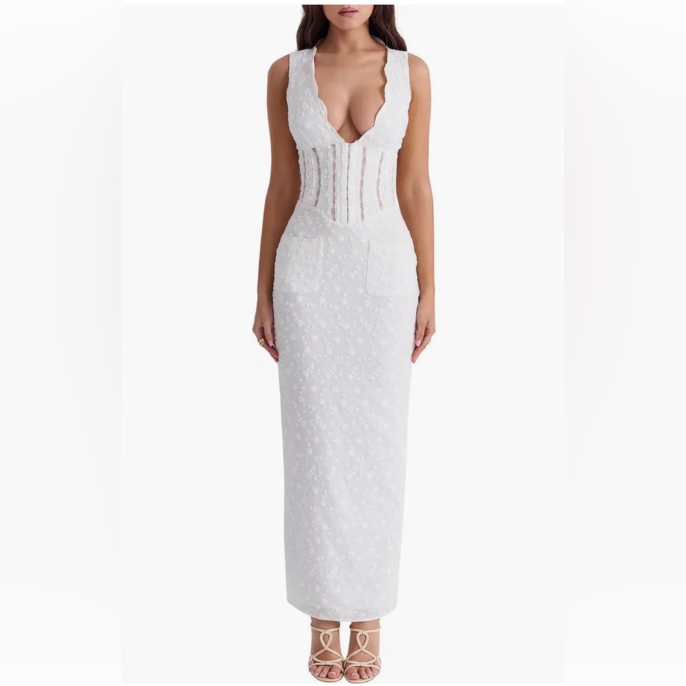 New! House of CB Sophina Embroidered Plunge Neck Bustier Dress Small Plus Cup